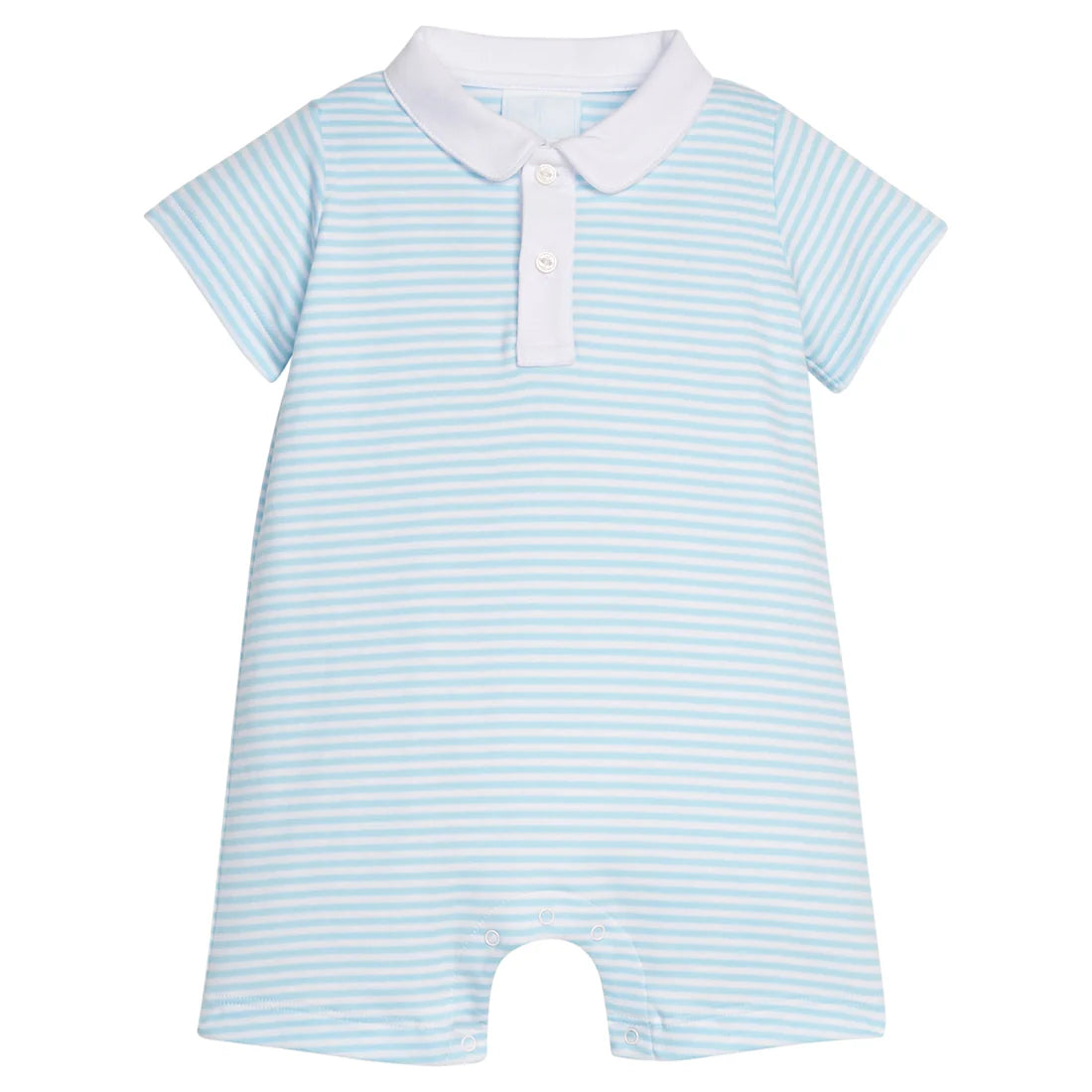 Sky blue striped short sleeve polo romper with white collar and trim.