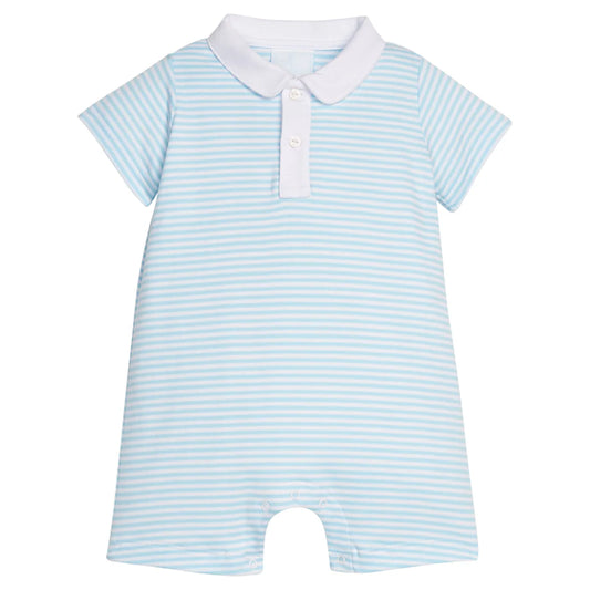 Sky blue striped short sleeve polo romper with white collar and trim.