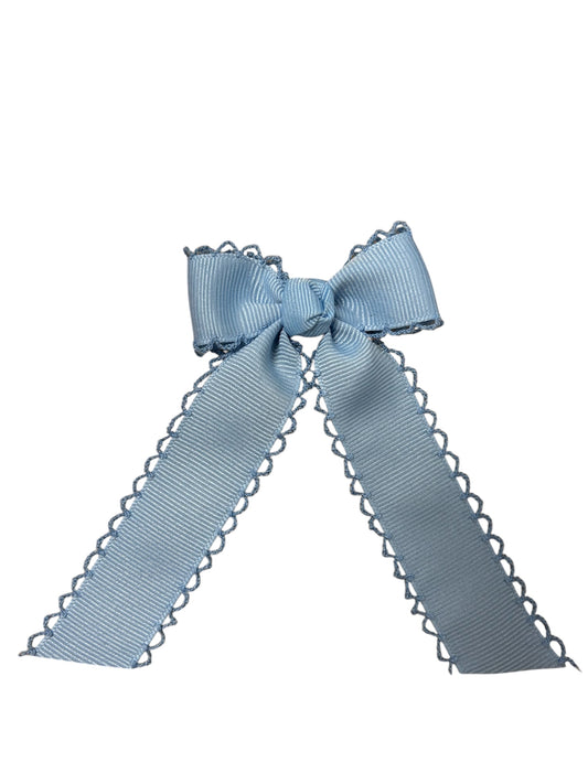 Tiny Grosgrain Bowtie with Matching Moonstitch Edge, Knot Wrap and Streamer Tails - Light Blue