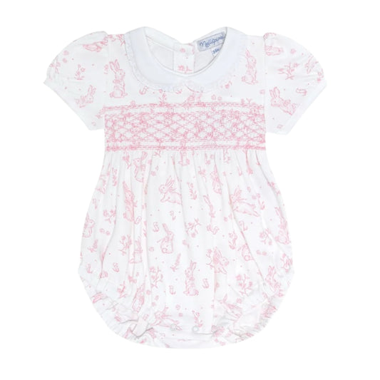 Toile Bunny Smocked Bubble - Pink