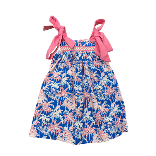 Blue/Pink Smocked Palm Tree Dress