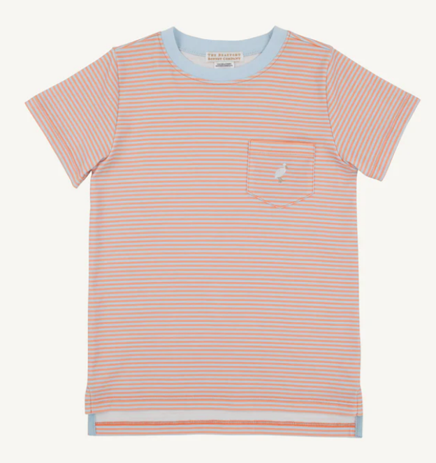 Orange and white striped short sleeve tshirt with light blue trim and a stork on a pocket.