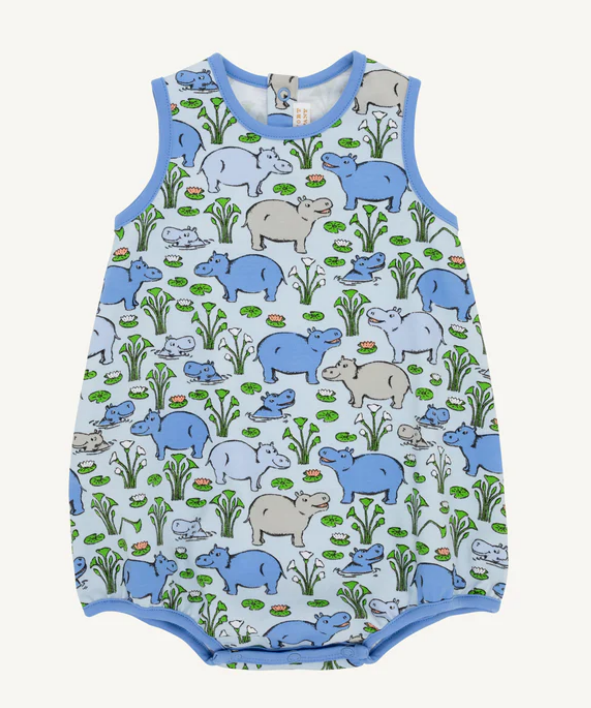 Sleeveless bubble with hippo print and blue trim.