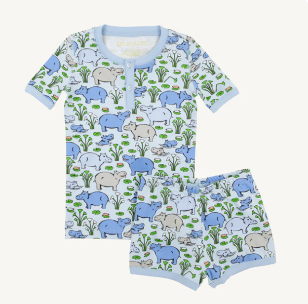 Short sleeved henley top and shorts with blue tan and white hippo print.