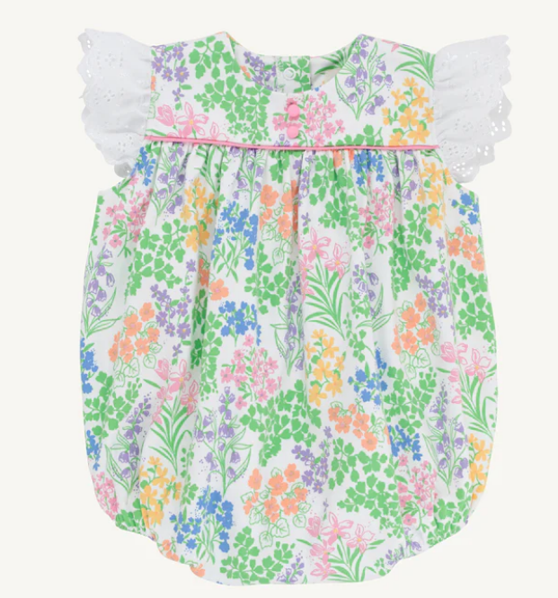 Pastel floral patterned bubble with lace trimmed sleeves.