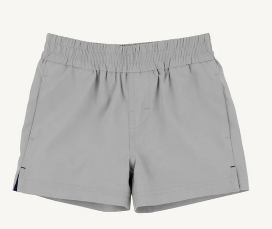 Gray shorts with wide elastic waist.