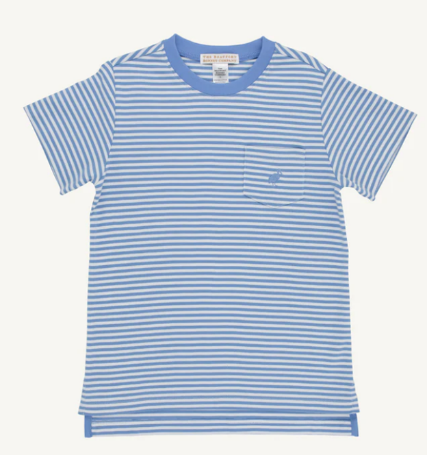 Blue and white striped short sleeve tshirt with blue trim around neckline and blue stork emblem.