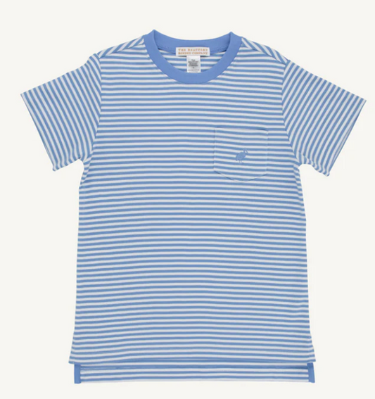 Blue and white striped short sleeve tshirt with blue trim around neckline and blue stork emblem.