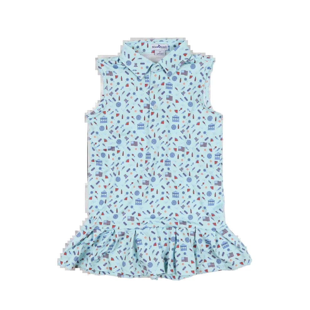 Pale teal polo dress wiht ruffle bottom and whimsical patriotic design.