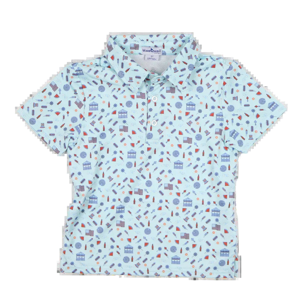 Pale teal polo shirt with whimsical patriotic design.