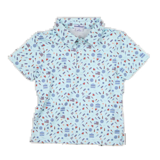 Pale teal polo shirt with whimsical patriotic design.
