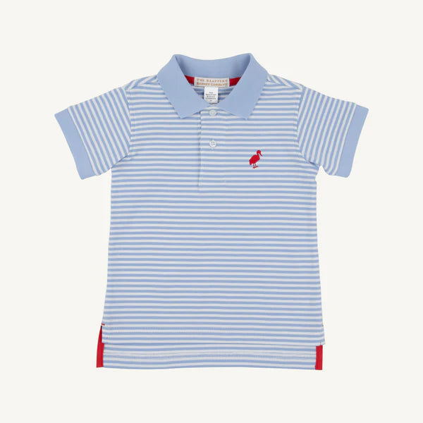 Blue and white striped polo shirt with a red logo 