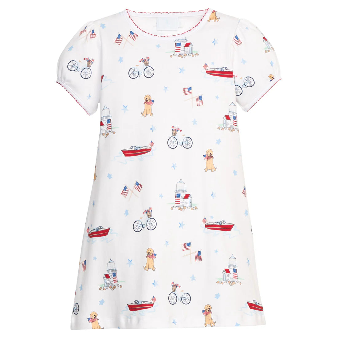 White tshirt dress with patriotic summer design.