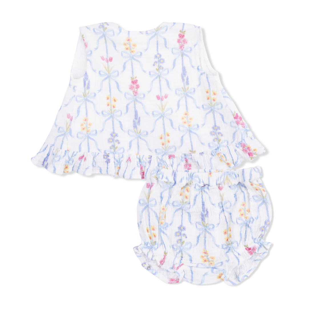 White sleeveless ruffle edge top with a striped ribbon tied bouquet pattern and matching bloomers.