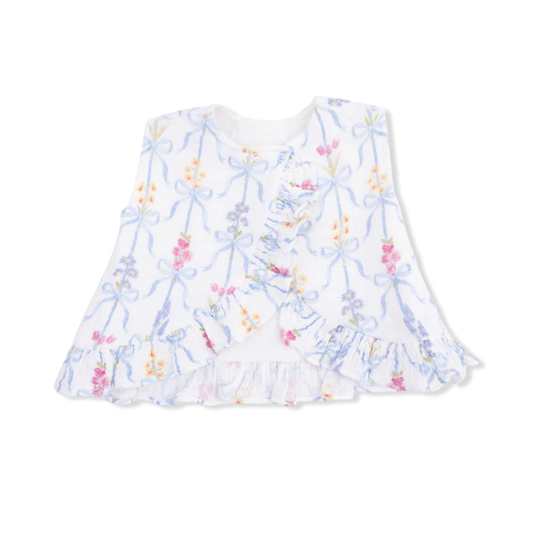 Back of a white top with ribbon tied bouquets showing the ruffle edge back.