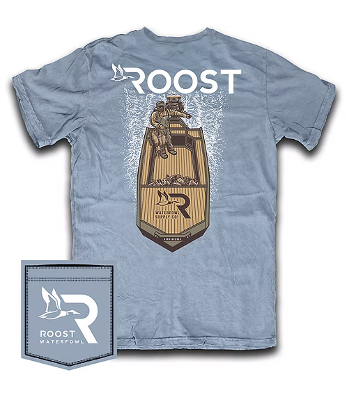 Light blue short sleeve tshirt with Roost and man in boat.