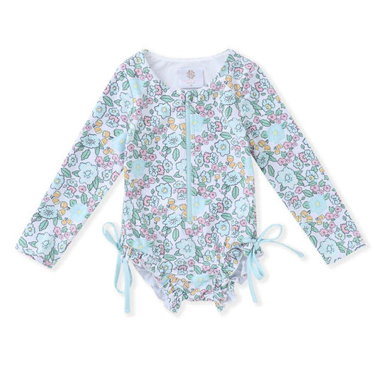 Pale green long sleeve floral swimsuit with side ties.