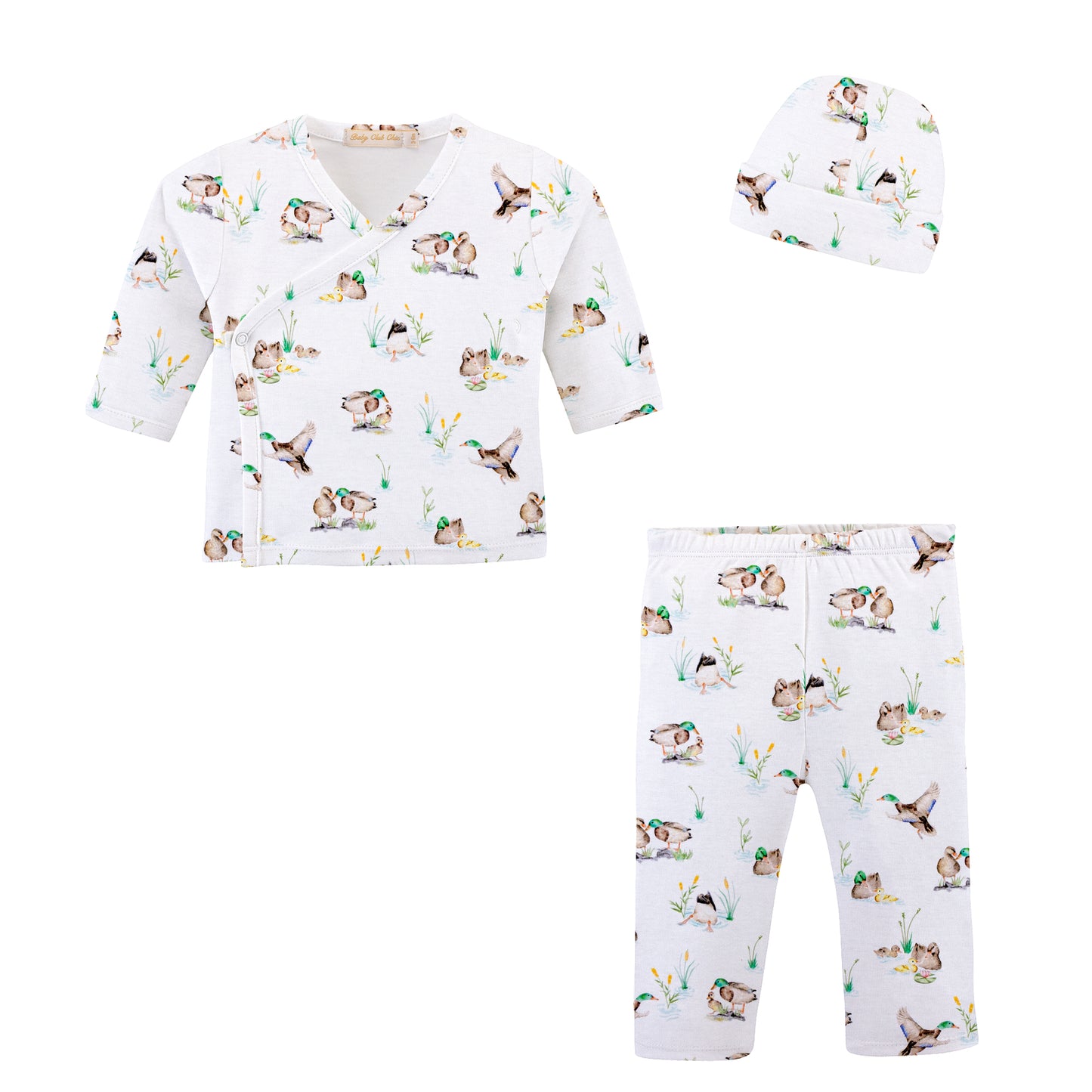 A baby clothing set consisting of a white long-sleeve wrap top, matching pants, and a beanie hat, all featuring a colorful cartoon animal print on a plain white background.