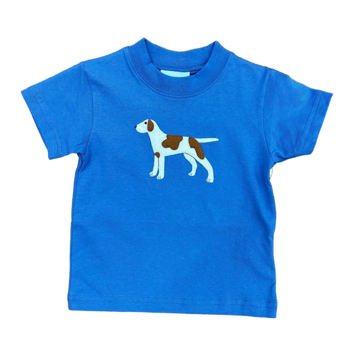 Blue short sleeve t-shirt with a dog applique.