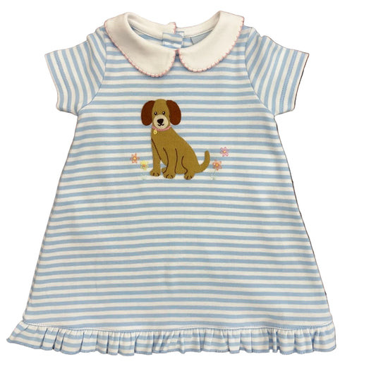 Light blue striped dress with white peter pan collar and dog applique.