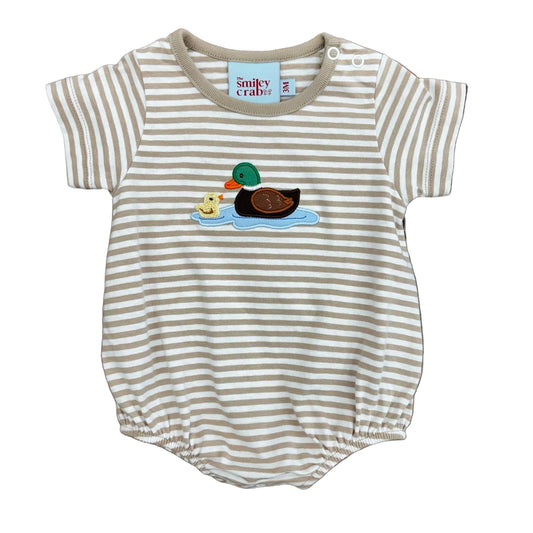 Tan striped bubble with a duck and mallard in a pool of water applique.