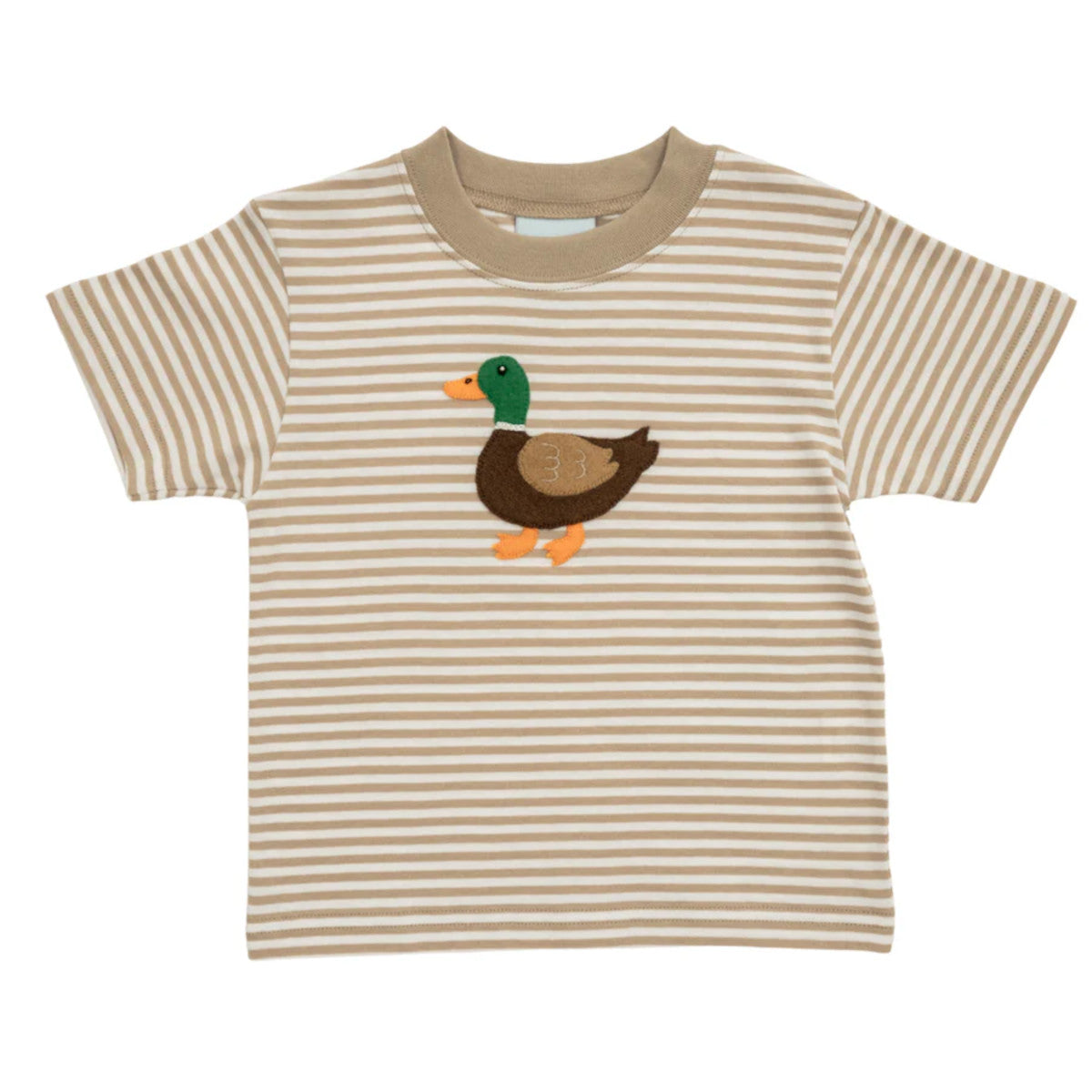 Tan striped t-shirt with a mallard applique.