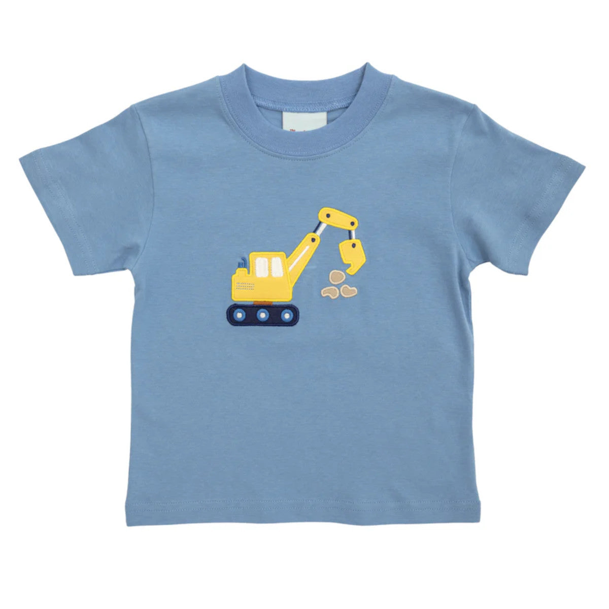 Light blue t-shirt with yellow excavator applique.