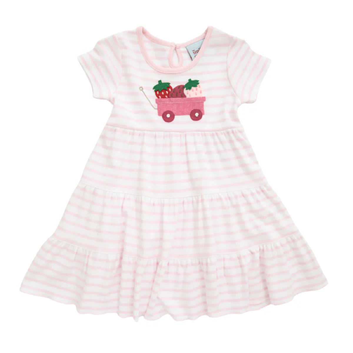 Pink stripes on a tiered, short sleeve dress with an applique of strawberries in a wagon.