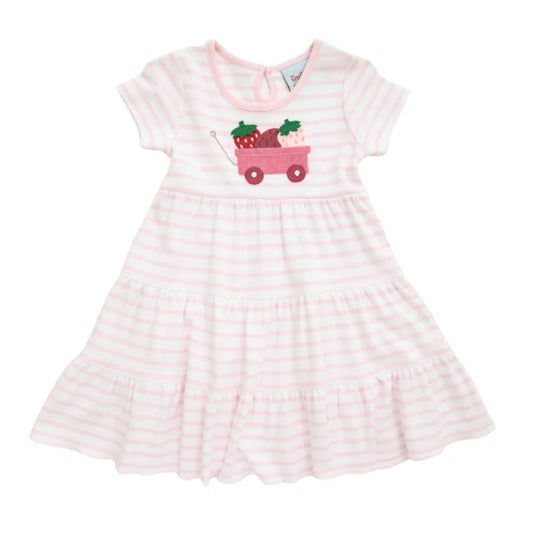 Pink stripes on a tiered, short sleeve dress with an applique of strawberries in a wagon.