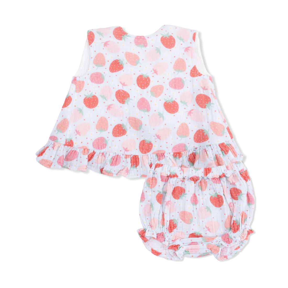 Strawberry pattern on a ruffled top and bloomer set.