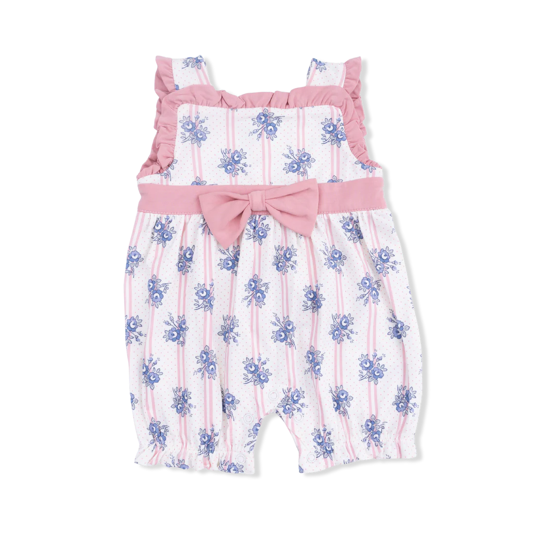 One piece playsuit with a pink bow and ruffle detail, pink stripes and blue flowers.
