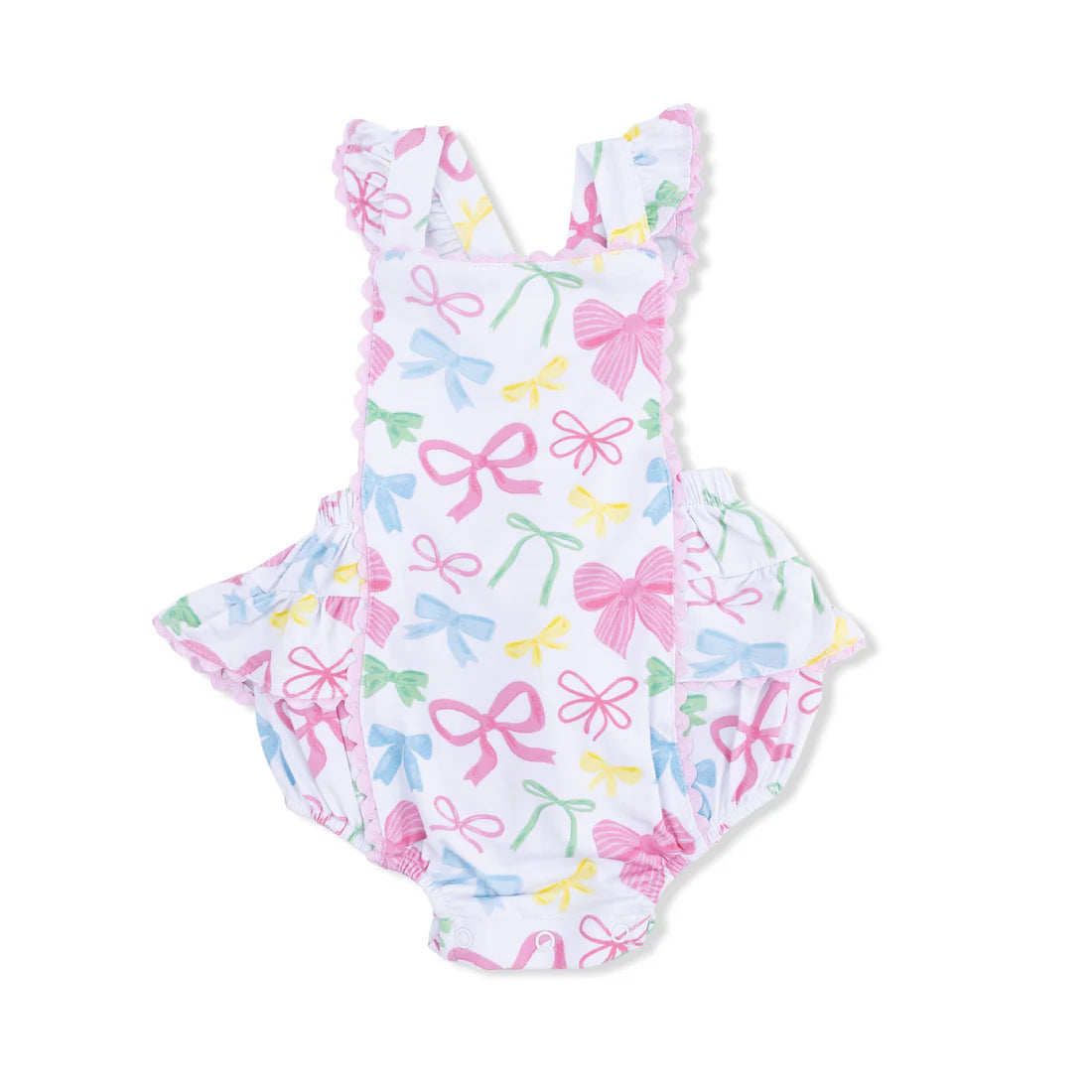 One piece sunsuit wiht allover bow design in pink, blue, yellow and green on white.