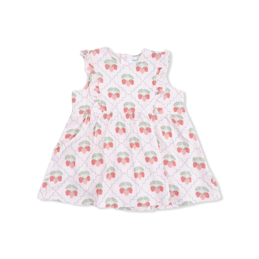 Ruffle sleeve dress with attached bloomer and strawberry pattern.