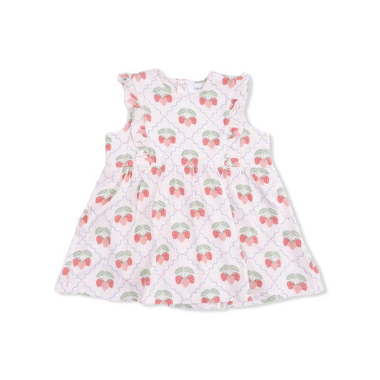 Ruffle sleeve dress with attached bloomer and strawberry pattern.