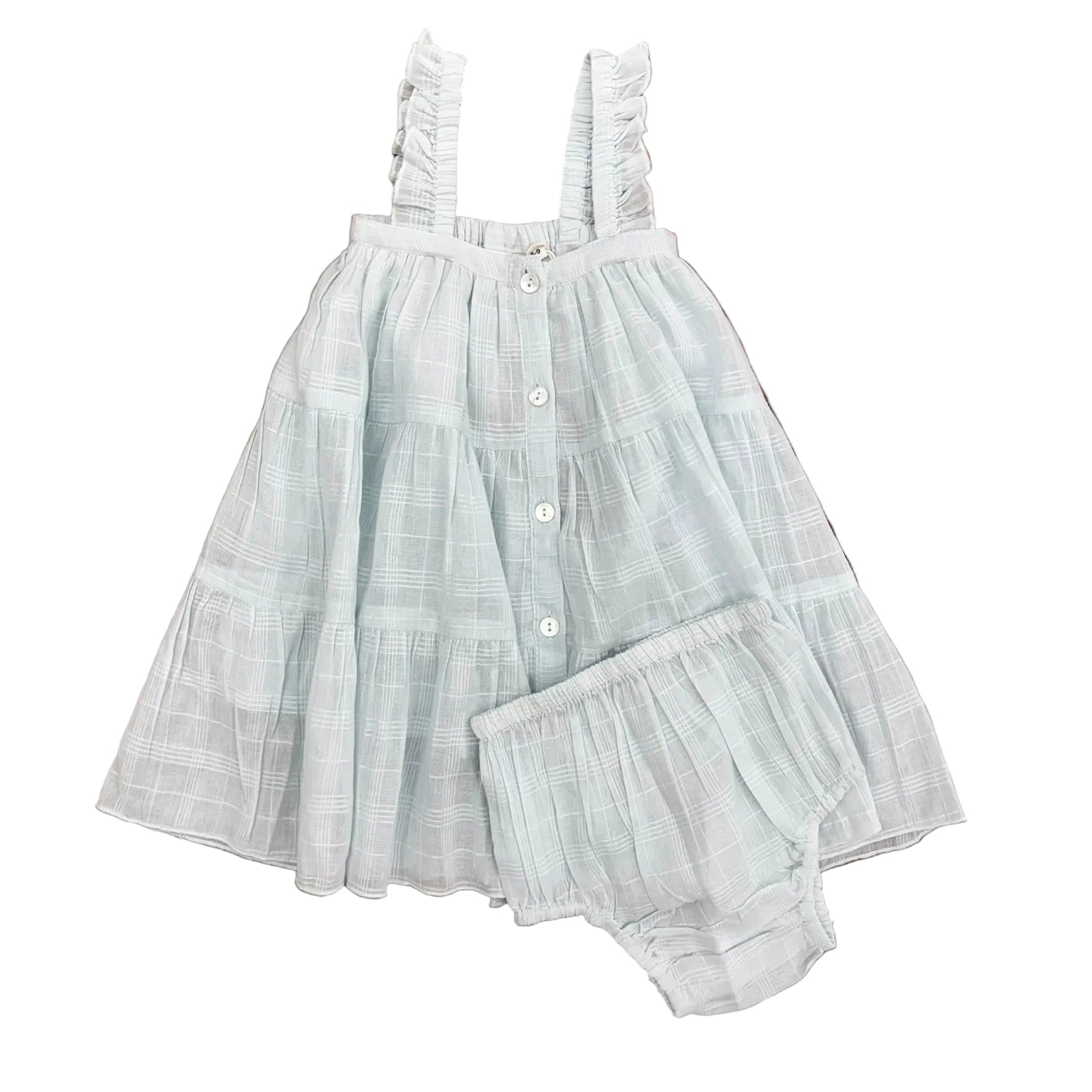 Pale teal plaid bloomer set with a tiered top with ruffle straps and a button front.