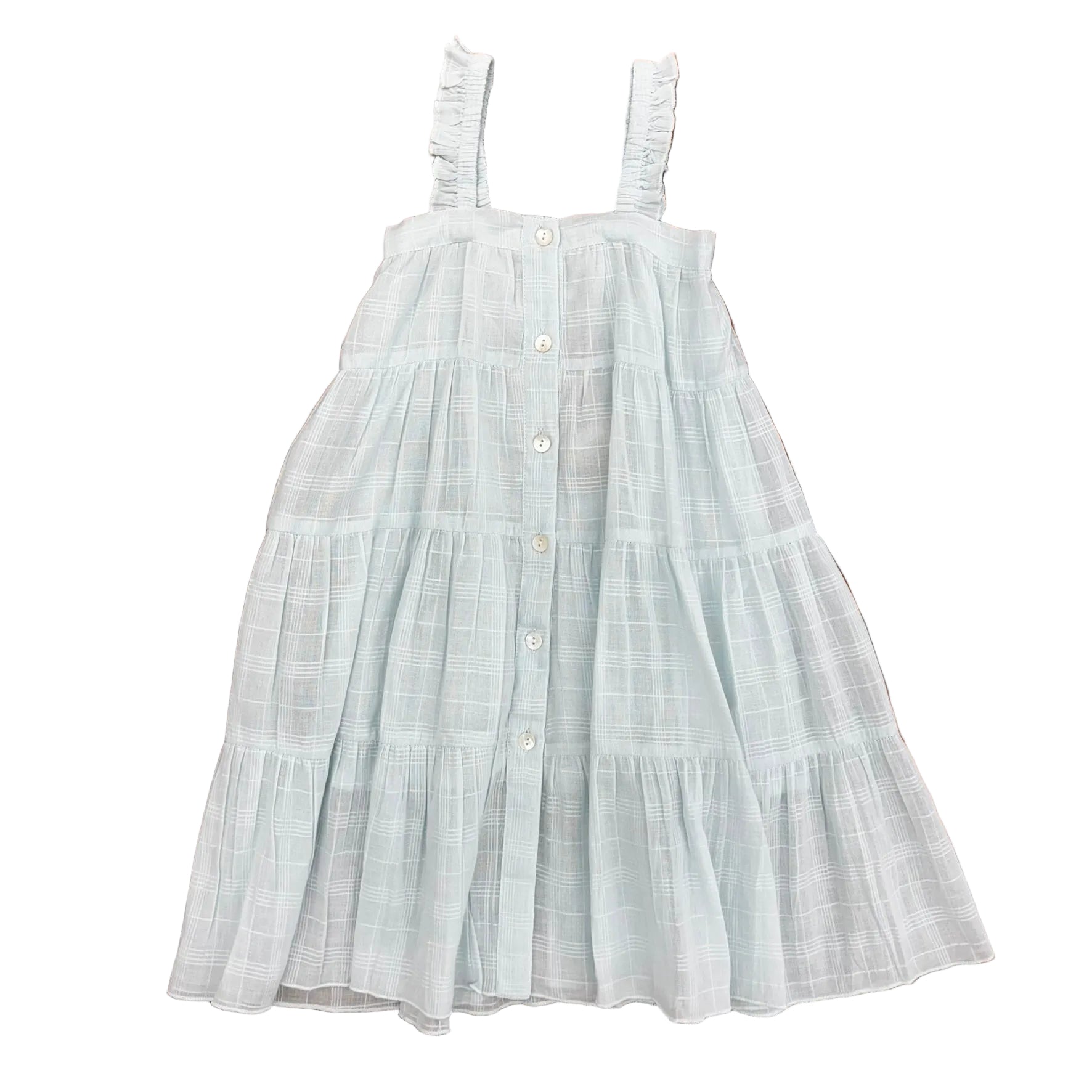 Pale teal plaid tiered dress with ruffle straps and a button front.