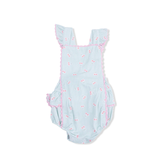 Tinny cherries on a green striped sunsuit with ric rac trim.