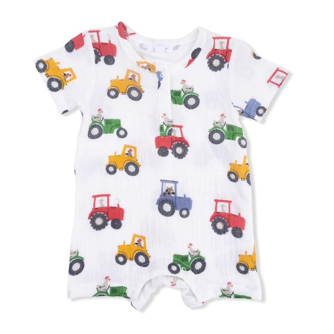 Short sleeve Henley white Shortall with a primary color tractor design.