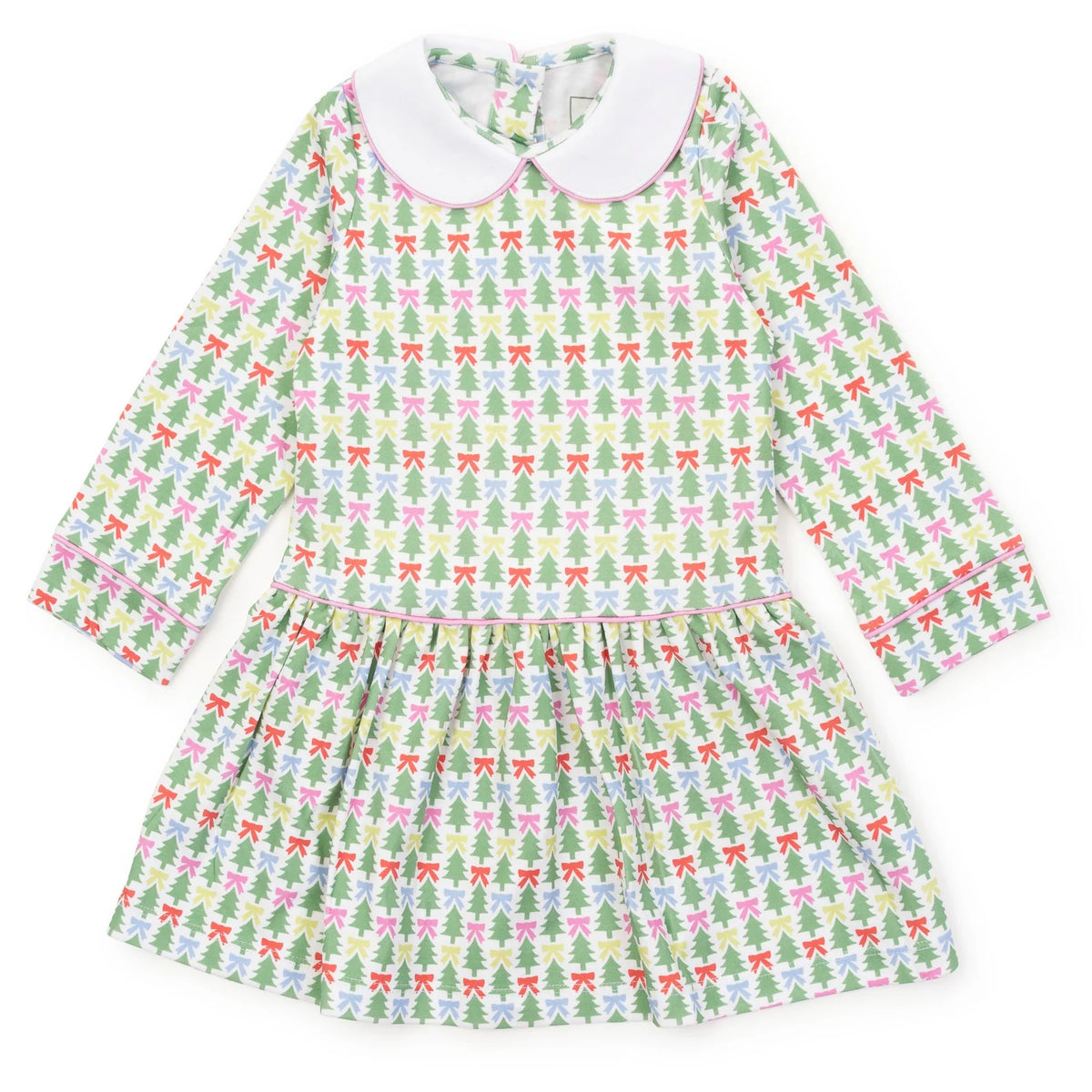 A long-sleeve baby dress with a white Peter Pan collar, featuring a green, pink, and white Christmas tree and bow pattern, laid flat on a white background.