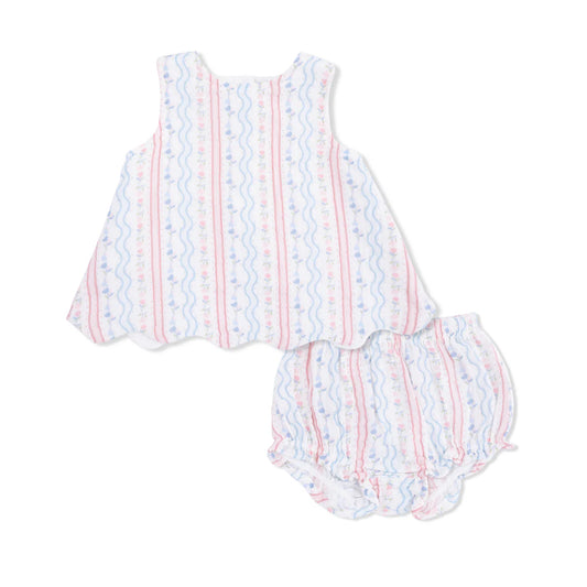 Pink and blue stripes and tulips on a white scallop edge top and matching bloomers.