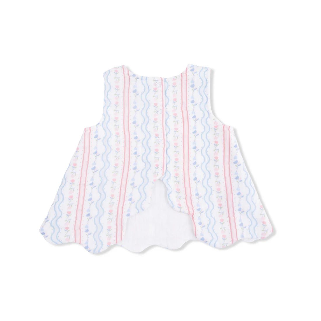 The back of  a white top with pink and blue stripes and tulips showing the scalloped edge.