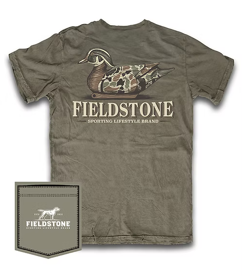 Vintage decoy in a camo pattern on the back of a camo green short sleeve tshirt with the Fieldstone branding.
