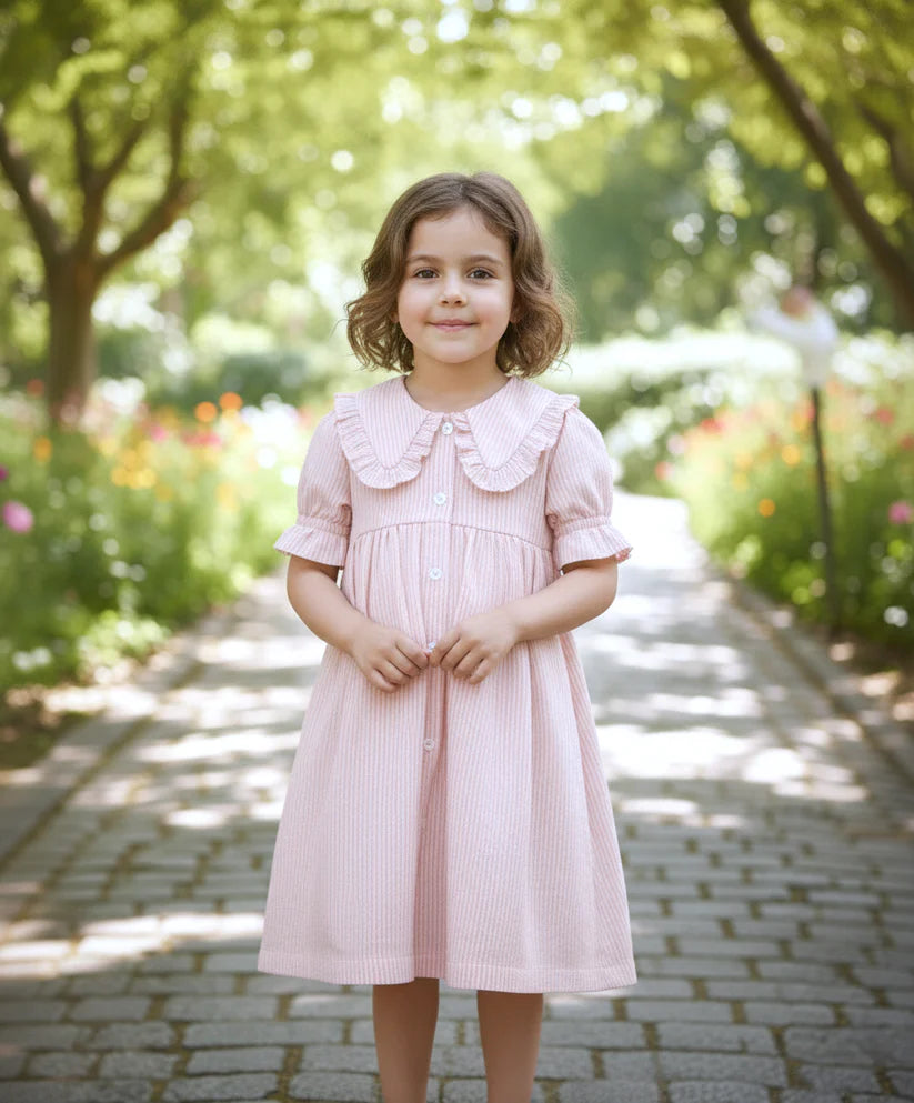 Young girl wearing a pink stripe dress with an oversized ruffled collar and short ruffled sleeves.