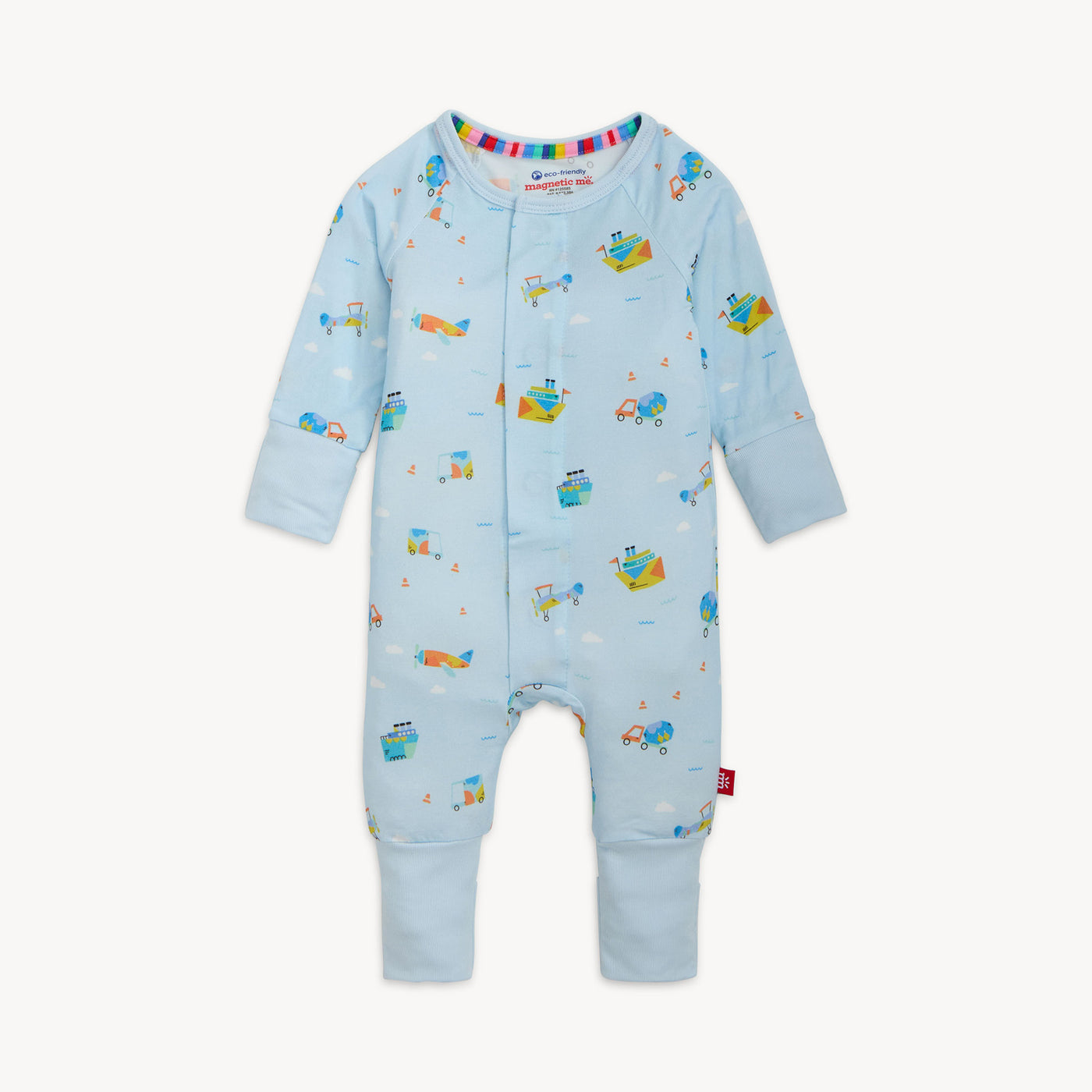 Light blue baby one piece with an overall vehicle print.