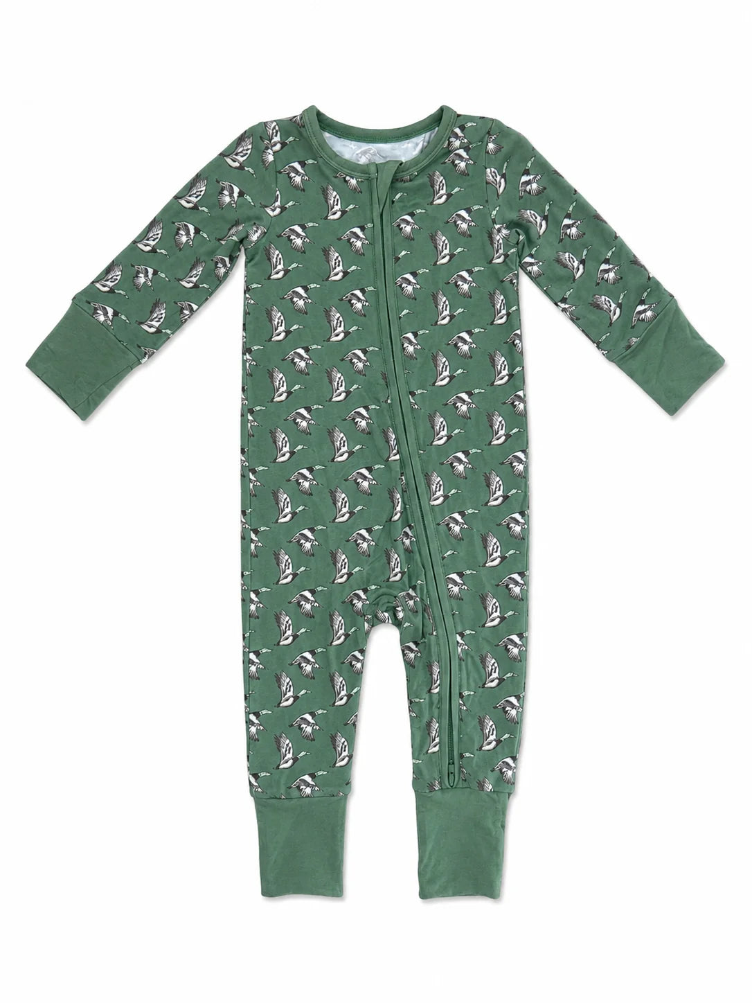 A baby's long-sleeve zip-up footless one-piece pajama in sage green, featuring an all-over print of mallard ducks