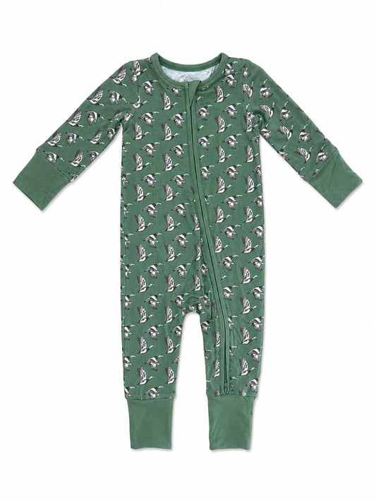 A baby's long-sleeve zip-up footless one-piece pajama in sage green, featuring an all-over print of mallard ducks