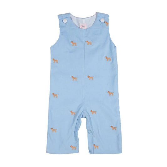 A light blue baby romper with an all-over print of small tan dogs, shown flat against a solid white background.