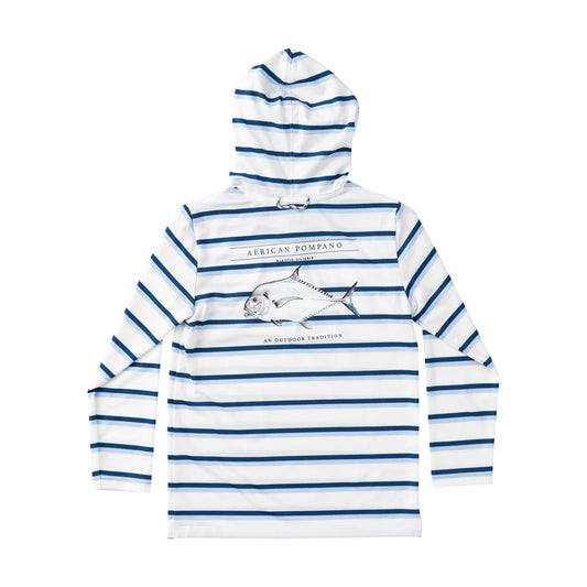 Blue striped hoodie with african pompano design on back.