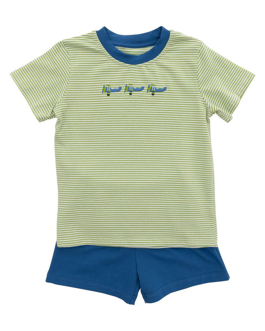 Green and blue striped shirt with airplane design and matching blue shorts