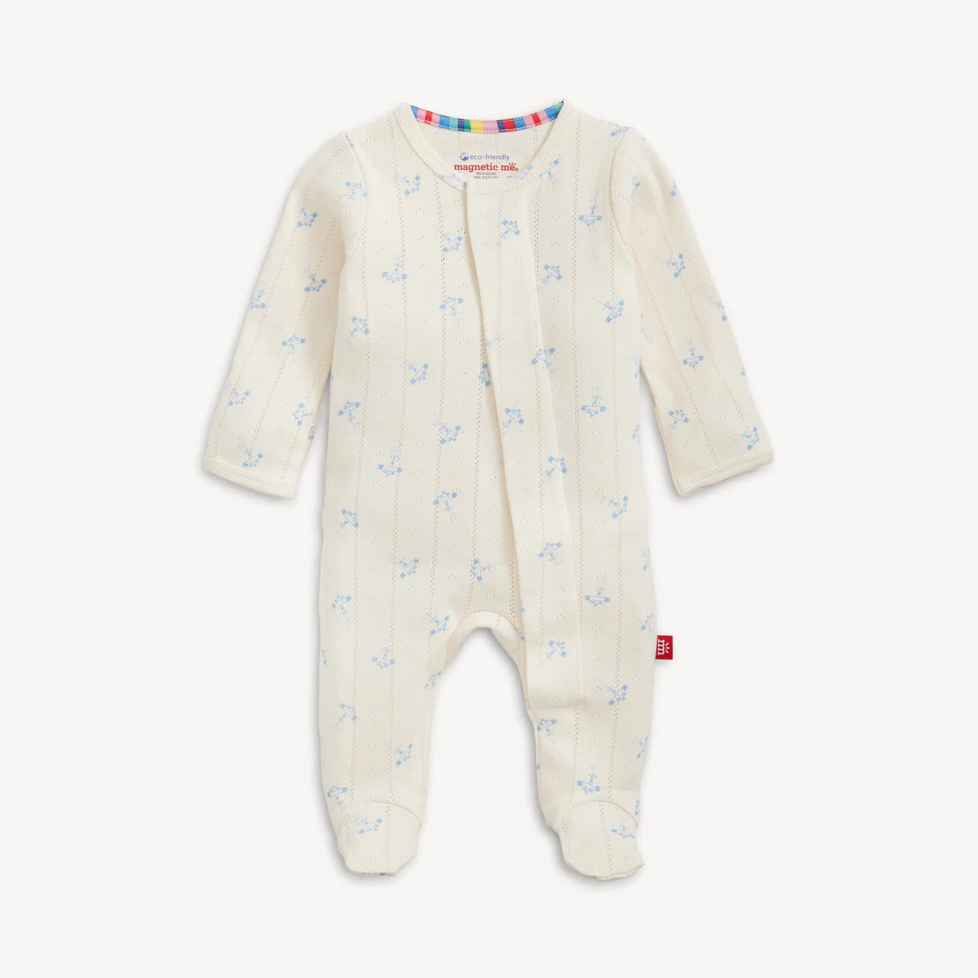 Light blue airplane pattern on a baby one piece in a pointelle knit.